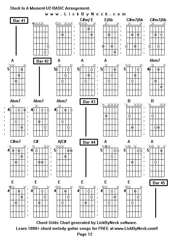 Chord Grids Chart of chord melody fingerstyle guitar song-Stuck In A Moment-U2-BASIC Arrangement,generated by LickByNeck software.